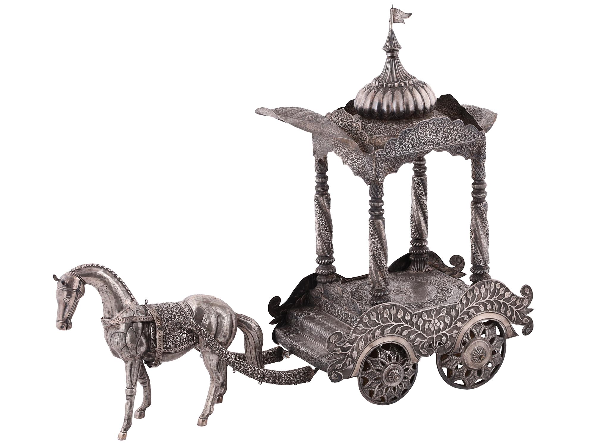 ANTIQUE INDIAN SILVER REPOUSSE HORSE CARRIAGE PIC-0